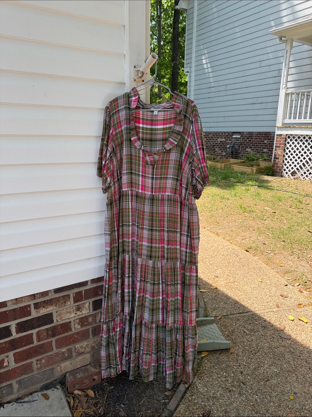 crown & ivy Pink and Olive Plaid Tiered Maxi Dress with Scoop Neck